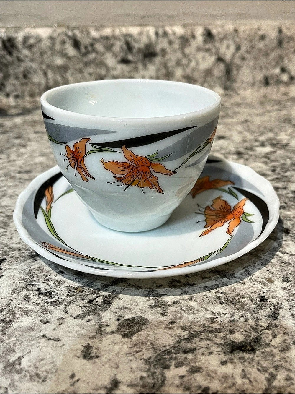 Milk glass Floral Cup and Saucer in White & Orange